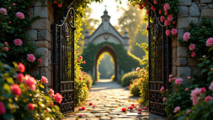 Fototapeta premium A picturesque stone archway leading to a chapel, with climbing roses and sunlight filtering through.