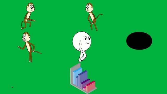 cartoon monkey green background running screen it character black circle dot white middle image computer square shaped object red fire truck door window building walking small hole bus.