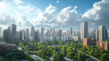 Obraz premium Panoramic view of a modern city skyline with lush green parks and trees under a bright sunny sky.
