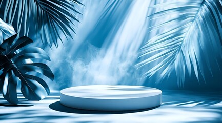 Empty circular podium surrounded by rich tropical plants, palm trees. Tropical plants create natural background for product demonstrations. Ideal for new products eco-friendly brands. Generative AI.