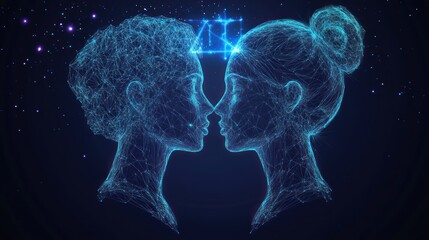 Two glowing wireframe female heads facing each other, connected by a bright triangle.