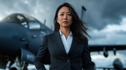 A powerful portrait of a businesswoman standing confidently in front of a jet, showcasing her strength and determination while blending elegance with professionalism in aviation.