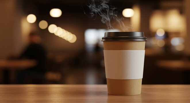 A paper coffee cup mockup with sleeve and lid, placed in a cafe environment with bokeh background. Include steam effect and blank area for branding.