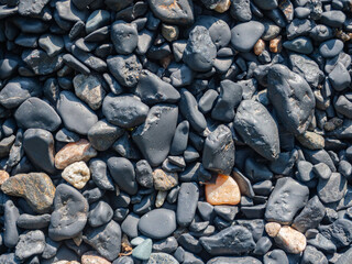 Black shungite pebbles on the beach of Lake Onega in Karelia