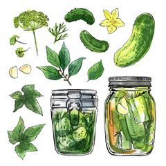 Glass jars with fermented vegetables. Cucumbers and spices. Ink and watercolor drawing on white background.