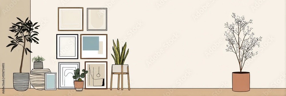 Aufkleber minimalistic gallery wall design with plants in a tidy corner for a serene living space