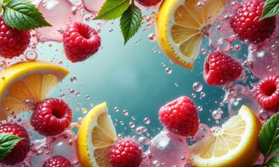 A jar of strawberry lemonade garnished with mint leaves and floating berries exhibits a bright, refreshing summer beverage scene.