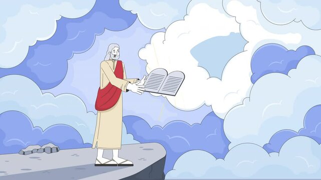 God giving Moses ten commandments 2D cartoon animation. Biblical law. Old testament. Hebrew prophet receiving stone tablets animated flat bible characters 4K video background scene storytelling