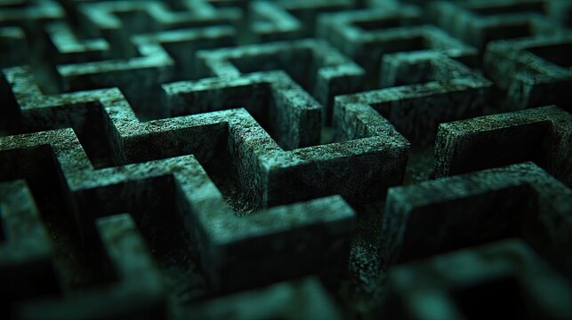 Intricate, textured maze pattern in teal and dark tones.