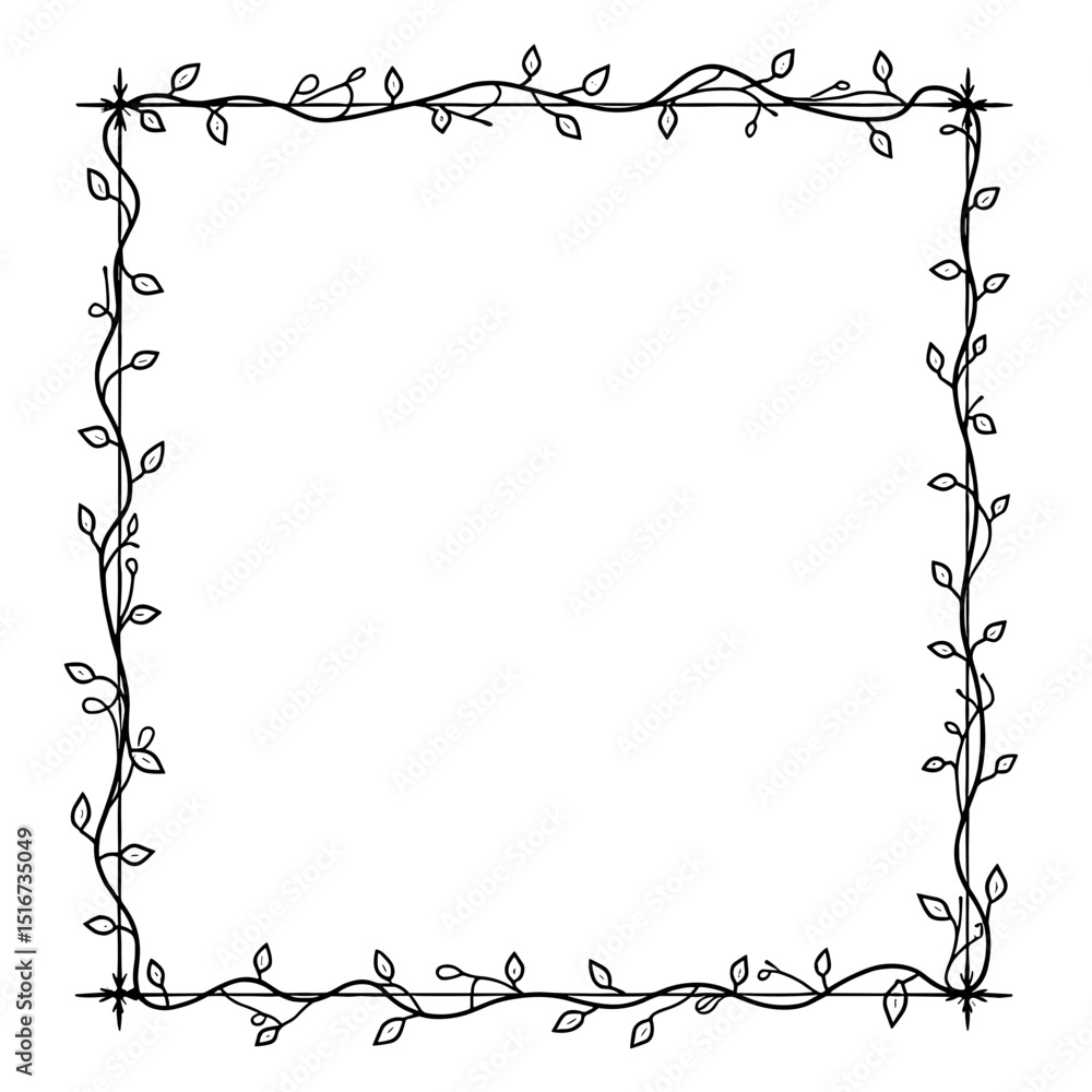 Poster a hand-drawn square frame, adorned with delicate leaves and vines, creating a charming border suitab