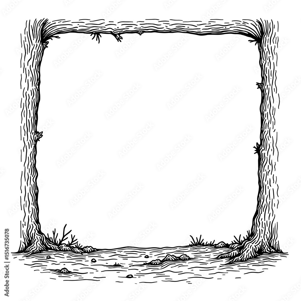 Poster a hand-drawn tree frame, showcasing a rustic woodland frame with detailed texture and an empty space