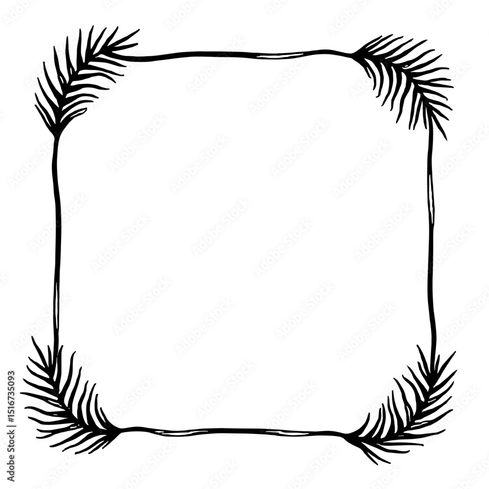 Aufkleber hand-drawn botanical square frame design with foliage in the corners for decorative invitations and 