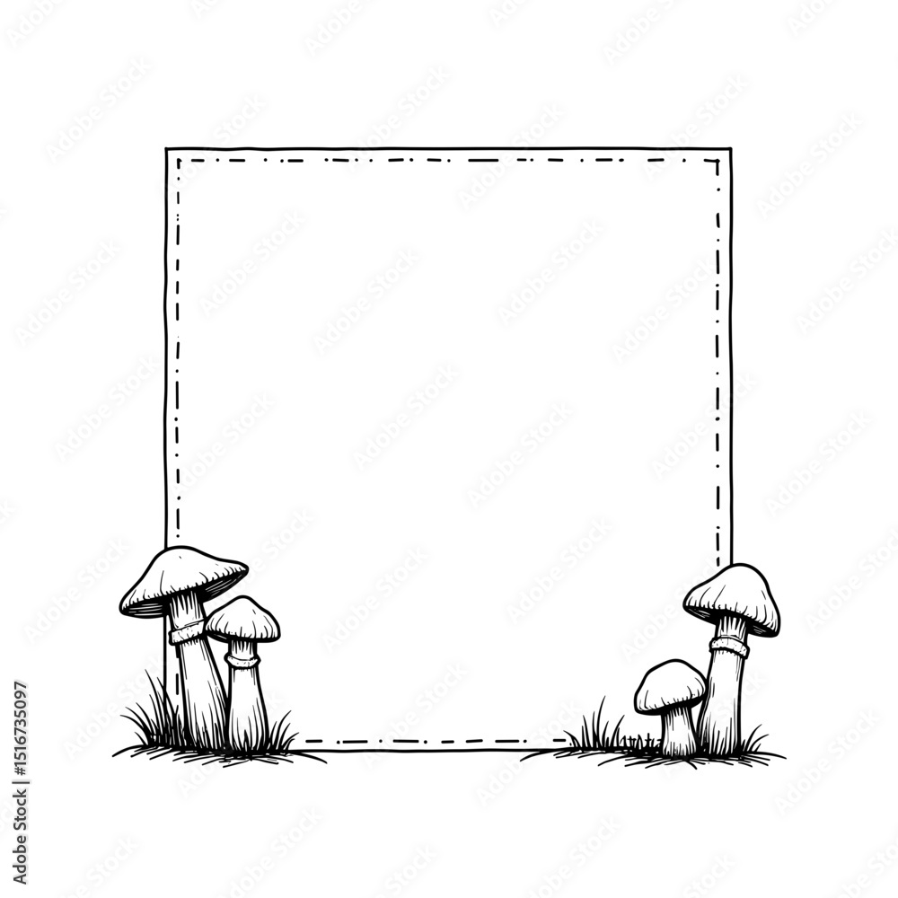 Poster an elegant design, with mushrooms artfully arranged around a bordered rectangle, is a perfect image 