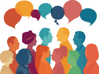 Silhouette heads faces to the side of group of multicultural people talking. Speech bubble. Communication between people
