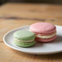 Fototapeta premium Macaron cake: Vector close-up of two pastel-colored macarons (pistachio and raspberry) stacked on top of each other.