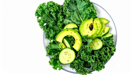 Fresh vegan green salad with kale, cucumber and avocado isolated on white background, plant-based meal, detox food, raw vegetables, copy space