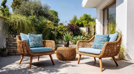 Obraz premium This modern terrace design with rattan furniture and soft blue accents invites calm, leisure, and stylish living. 