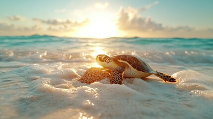 A sea turtle is beautifully captured nesting on the beach during a stunning sunrise, symbolizing nature's journey and the importance of wildlife preservation for future generations.