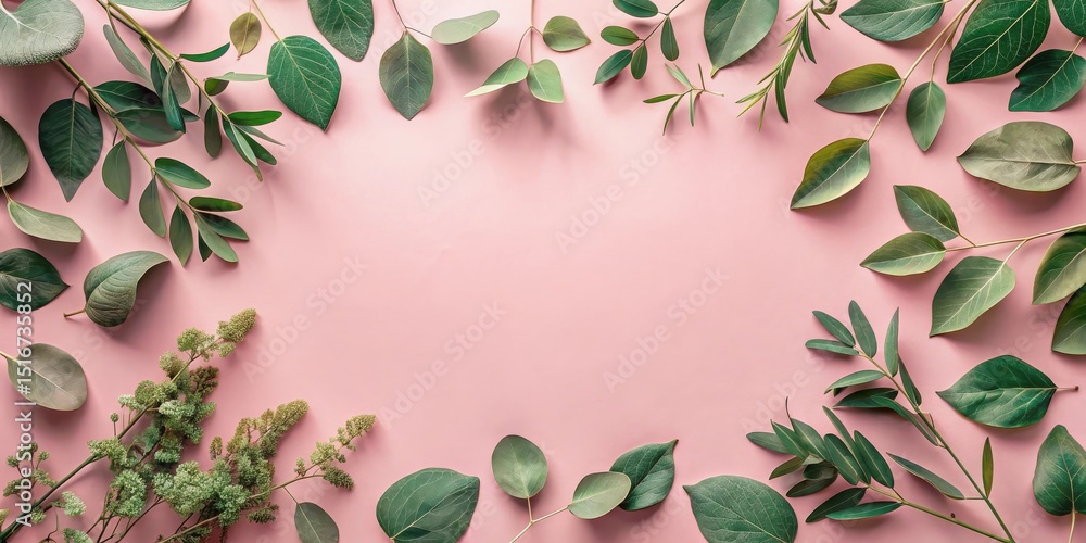 Aufkleber a delicate arrangement of various green leaves creates a vibrant frame against a soft pink backgroun