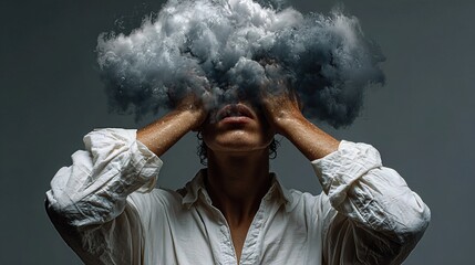 A person stands with a dark cloud hovering above their head, symbolizing the weight of depression and emotional fatigue.

