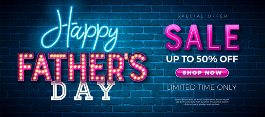 Father's Day Sale Promotional Business Illustration with Glowing Neon and Light Bulb Lettering on Blue Vintage Brick Wall Background. Vector Special Holiday Offer Illustration for Best Dad. Template