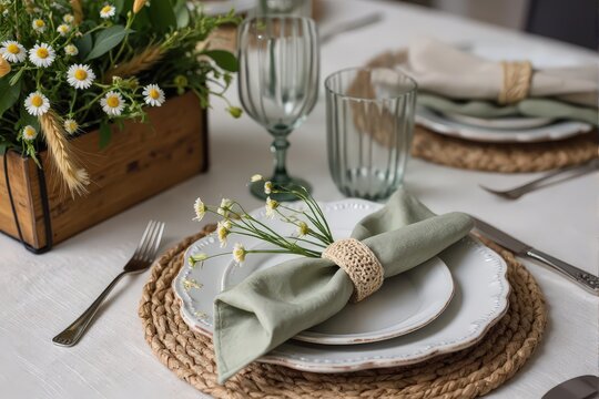 Elegant table setting with floral decor and rustic textile accents
