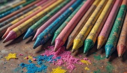 Colorful pencils on wooden surface: artistic composition of vibrant tools