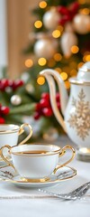 Fototapeta premium white and gold tea set with a christmas tree in the background