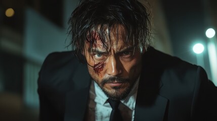 A gritty portrayal of a determined man in a dark suit, showcasing resilience and fight, with visible scars highlighting an intense struggle amidst an urban night setting.