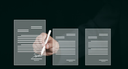 Electronic signature business concept. Businessman signs an electronic document, business approved,...