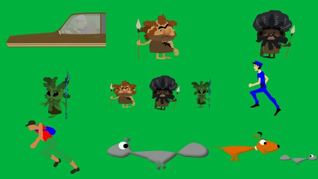 green screen white background cartoon character spear illustration man beard beard, holding three characters different poses running squirrel dog chasing mouse brown car his hand backpack.