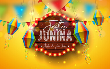 Festa Junina Banner Illustration with Party Flags, Confetti and Typography Lettering on Light Bulb Billboard on Yellow Background. Vector Brazil Sao Joao June Festival Design for Greeting Card, Banner