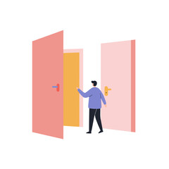 Person lost in hallway of doors entering brightly colored doorway  