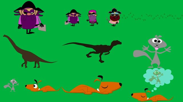 cartoon character purple hat black three characters row green background flock birds flying across screen dinosaur silhouetted against squirrel dog laying down ground back sleeping bag.