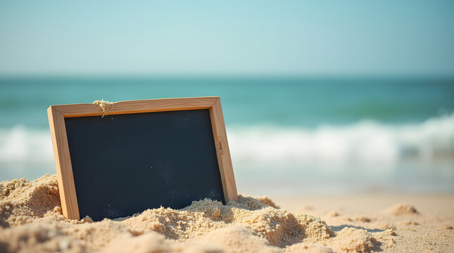 Retour à l'école : tableau noir vintage dans le sable d'une plage 