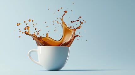 Coffee splash wave over ceramic cup banner image. Fresh hot drink for morning photo-realistic background blue. Brown beverage drops in airmotion concept photography copy space