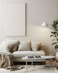Large scale framed canvas with copyspace is hanging in staged living room