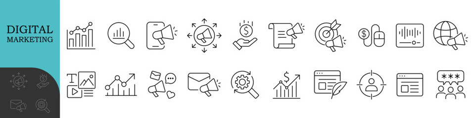 Digital Marketing Line Editable Icons set. Vector illustration in modern thin line style of advertisement related icons: online shop, content, streaming, and more