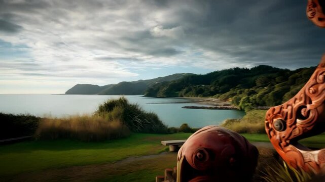 Detailed wood carving of Polynesian inspired sculpture overlooking a coastal landscape with bench and hills, sunny day with clouds.