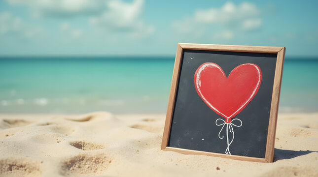 Retour à l'école : tableau noir avec cœur ballon dessiné dessus vintage dans le sable d'une plage  - Powered by Adobe