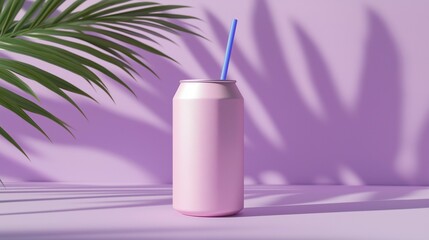 Pink mockup can with exotic leaf. Tropical party cocktail. Blank metal beverage container with straw template advertising image. Mock up branding product, marketing material