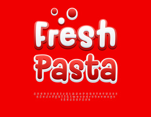 Vector Culinary banner Fresh Pasta for Cafe and Restaurant. Red Bright Font. Unique Digital Alphabet Letters and Numbers set.