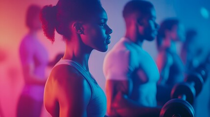 Group of people lifting weights in a brightly lit gym.