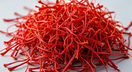 Fototapeta premium Vibrant Raw Organic Red Saffron Spice Threads Culinary Ingredient Food Flavoring Element