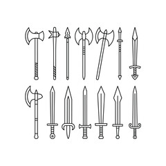 Medieval Weaponry Line Icons: A collection of twelve line icons depicting various medieval weapons, including axes and swords, perfect for game design, historical illustrations, or fantasy projects.