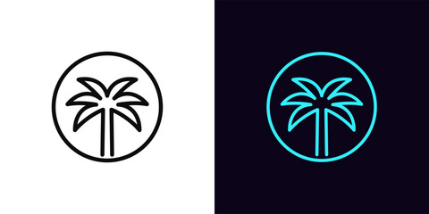 Outline palm tree icon, round logo with editable stroke. Coconut palm tree inside circle, tropical oasis icon. Exotic palm island, tropical paradise, summer holiday and vacation, resort. Vector icon