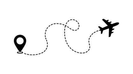 Journey's Map: A conceptual representation of travel, where a dotted line traces a journey from a pin to an aircraft, symbolizing the path of a flight and the destination ahead.
