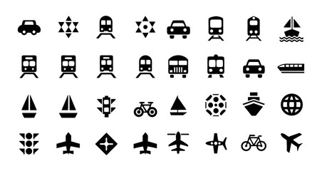 High-Quality Transportation and Travel Icon Set – Versatile Black and White Graphics for Web and Print Design