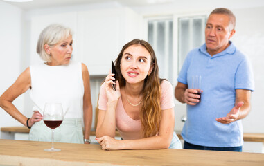 Mature parents eavesdrop them Daughter during using mobile