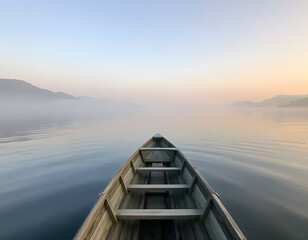 A boat floating on a misty lake at dawn